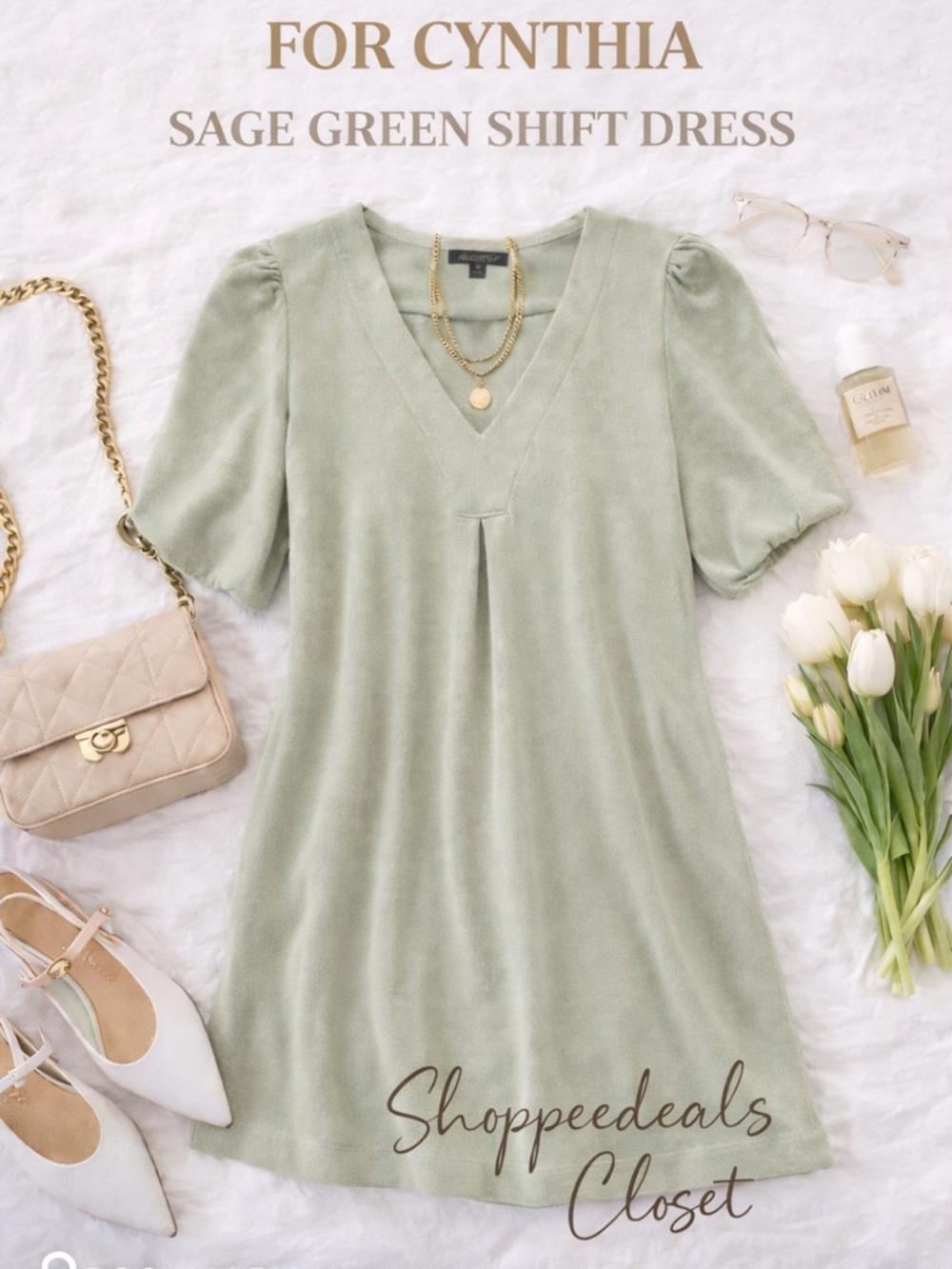 For Cynthia Sage Green V-Neck Shift Dress Puff Sleeve Pockets M